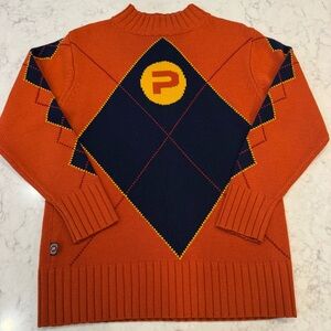Paco Sport Argyle Sweater Orange Mock Neck Logo Knit M